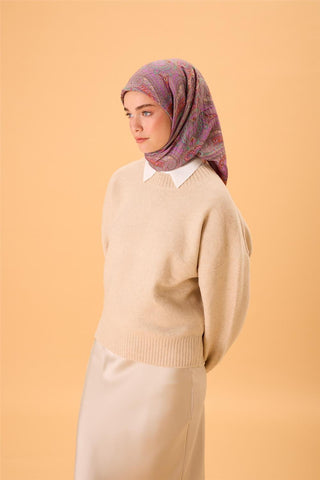 Viskon Karışımlı Velora Eşarp Duman-Leylak-Turuncu-Turkuaz Desenli İnce Dokulu Dökümlü 90X90 - Velora Eşarp - | Silk Home