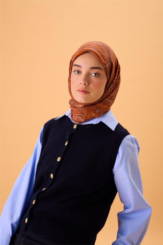 Viskon Karışımlı Velora Eşarp Turuncu-Krem Kiremit Bebe Mavi Desenli Tok
                Duruşlu 90X90