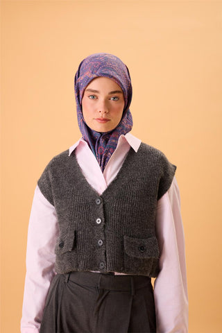 Viskon Karışımlı Velora Eşarp Mor-Somon Pudra Yeşil Desenli Tok Duruşlu 90X90