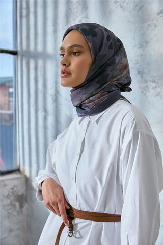 Viskon Velora Karışımlı Eşarp Grafit Gri-Füme Tonlu Desenli Tok Duruşlu 90X90 - Velora Eşarp - | Silk Home