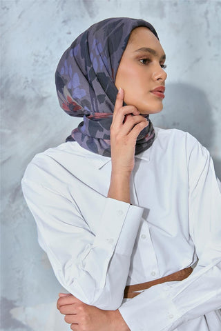Viskon Velora Karışımlı Eşarp Grafit Gri-Füme Tonlu Desenli Tok Duruşlu 90X90 - Velora Eşarp - | Silk Home