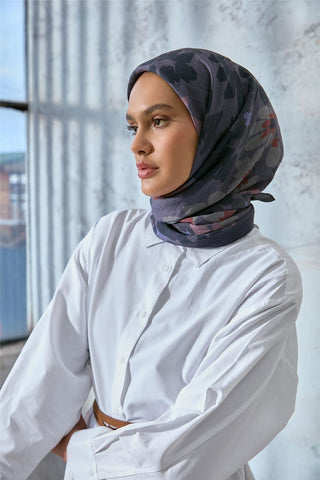 Viskon Velora Karışımlı Eşarp Grafit Gri-Füme Tonlu Desenli Tok Duruşlu 90X90 - Velora Eşarp - | Silk Home