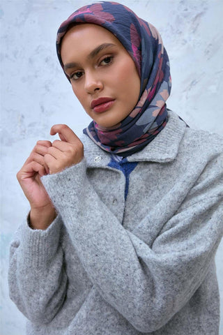 Viskon Velora Karışımlı Eşarp Koyu Lacivert-Bej Tonlu Desenli Tok Duruşlu 90X90