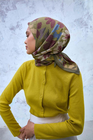 Viscose Velour Blend Scarf, Dark Green-Burgundy Toned Pattern, Firm Structure, 90x90 cm.