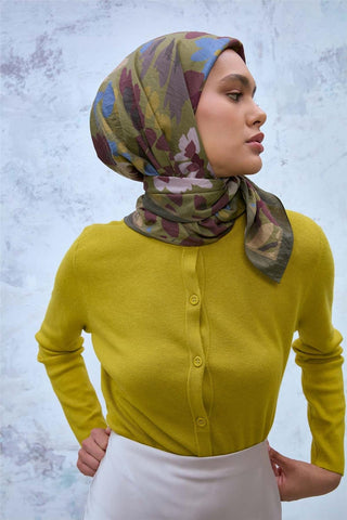 Viscose Velour Blend Scarf, Dark Green-Burgundy Toned Pattern, Firm Structure, 90x90 cm.