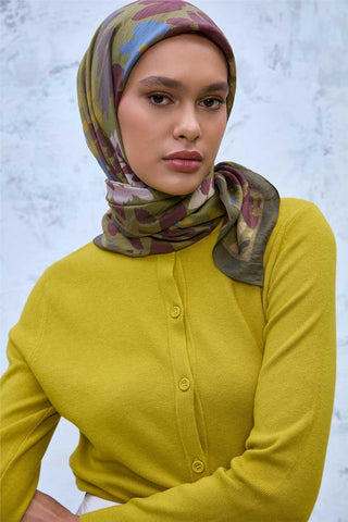 Viscose Velour Blend Scarf, Dark Green-Burgundy Toned Pattern, Firm Structure, 90x90 cm.