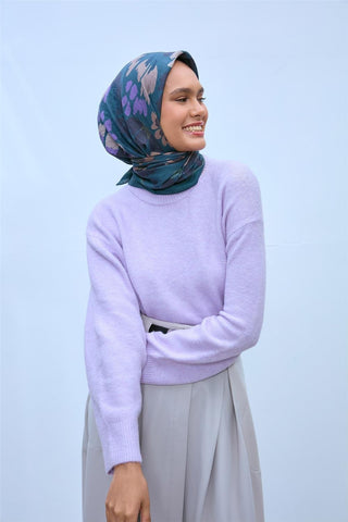 Viskon Velora Karışımlı Eşarp Petrol Yeşili-Lacivert Tonlu Desenli Tok Duruşlu 90X90 - Velora Eşarp - | Silk Home