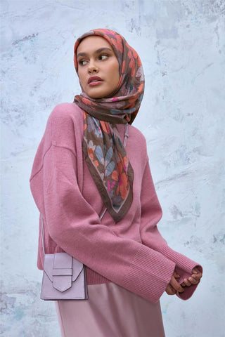 Viskon Velora Eşarp Kahverengi-Taş-Turuncu Desenli Kaymaz Dokulu Tok Duruşlu
                90X90
