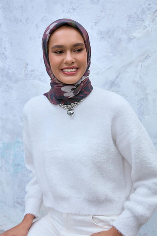 Viskon Velora Eşarp Mürdüm-Gül Kurusu-Petrol Mavi Desenli Kaymaz Dokulu Tok Duruşlu 90X90 - Velora Eşarp - | Silk Home