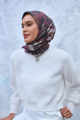 Viskon Velora Eşarp Mürdüm-Gül Kurusu-Petrol Mavi Desenli Kaymaz Dokulu Tok Duruşlu 90X90 - Velora Eşarp - | Silk Home