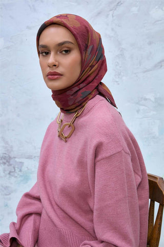 Viskon Velora Eşarp Bordo Kahve-Rose-Petrol Yeşili Desenli Kaymaz Dokulu Tok
                Duruşlu 90X90