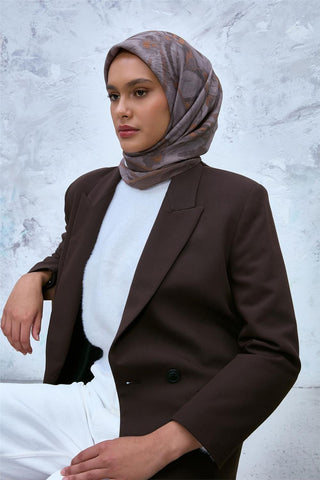 Viskon Velora Eşarp Yeşil Kahve-Füme Desenli Tok Duruşlu Kaymaz Dokulu 90X90
