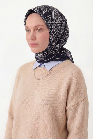 Viscose Velora Scarf, Four Seasons, Kilim Pattern, Dark Black, 90x90 cm 