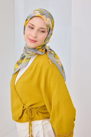 Velora Eşarp Floral Mavi Gri - Velora Eşarp - | Silk Home