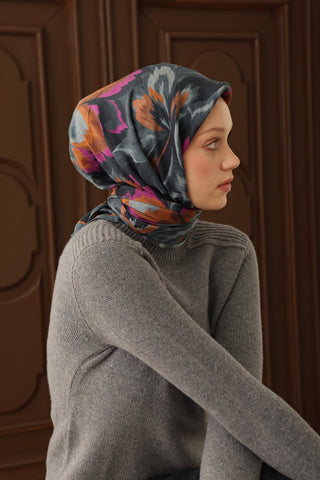 Velora Eşarp Floral Rhapsody Çelik Mavisi - Velora Eşarp - | Silk Home