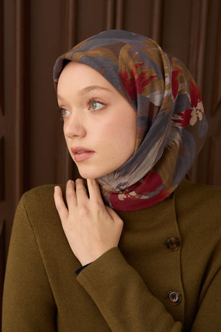 Velora Eşarp Flower Yeşil Kahve - Velora Eşarp - | Silk Home