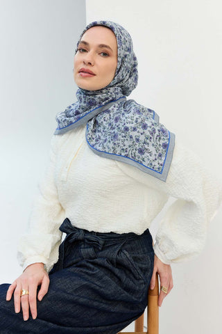 Velora Eşarp Modern Flora Gümüş 90x90 - Velora Eşarp - | Silk Home