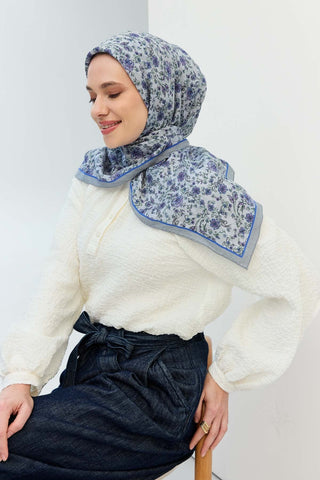 Velora Eşarp Modern Flora Gümüş 90x90 - Velora Eşarp - | Silk Home