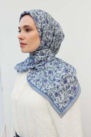 Velora Eşarp Modern Flora Gümüş 90x90 - Velora Eşarp - | Silk Home