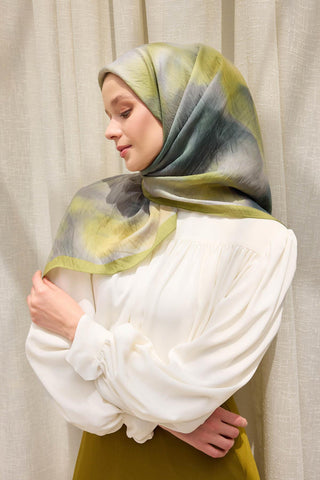 Viscose Velora Scarf, Four Seasons Kilim Pattern, Light Gray, 90x90 cm 