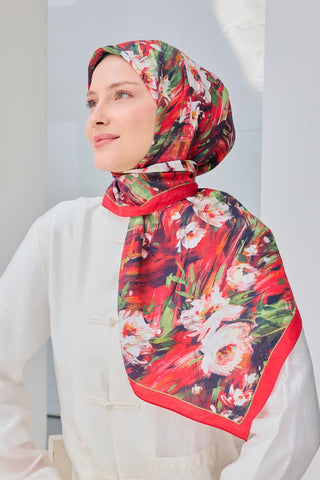 Velora Eşarp Watercolor Flower Kırmızı - Velora Eşarp - | Silk Home