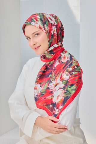 Velora Eşarp Watercolor Flower Kırmızı - Velora Eşarp - | Silk Home