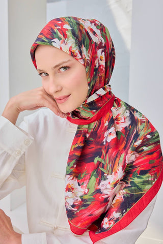 Velora Eşarp Watercolor Flower Kırmızı - Velora Eşarp - | Silk Home