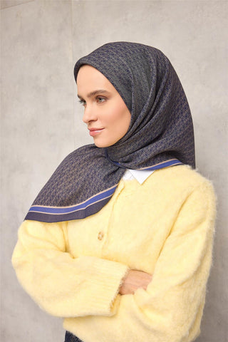 Viskon Aura Eşarp Koyu Lacivert Zincir Desenli Tok Duruşlu 90X90