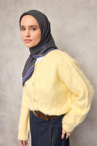 Viskon Aura Eşarp Koyu Lacivert Zincir Desenli Tok Duruşlu 90X90