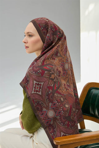 Viskon Velora Eşarp Acı Kahve Çok Renkli Desenli Tok Duruşlu 90X90