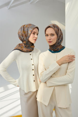 Viskon Velora Eşarp Antrasit-Hardal Desenli Kaymaz Tok Duruşlu 90X90 - Velora Eşarp - | Silk Home