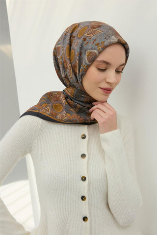 Viskon Velora Eşarp Antrasit-Hardal Desenli Kaymaz Tok Duruşlu 90X90 - Velora Eşarp - | Silk Home