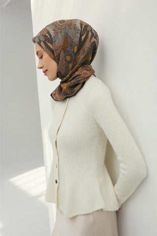 Viskon Velora Eşarp Antrasit-Hardal Desenli Kaymaz Tok Duruşlu 90X90 - Velora Eşarp - | Silk Home