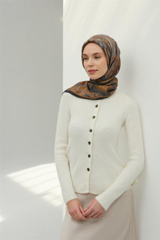 Viskon Velora Eşarp Antrasit-Hardal Desenli Kaymaz Tok Duruşlu 90X90 - Velora Eşarp - | Silk Home