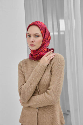 Viskon Velora Eşarp Bordo Desenli Tok Duruşlu Dört Mevsim 90X90