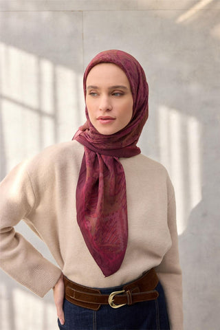 Viskon Velora Eşarp Dört Mevsim Karma Desen Vişne 90X90 - Velora Eşarp - | Silk Home