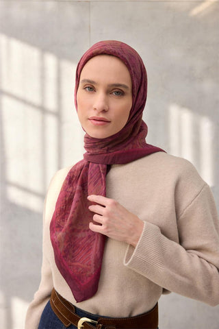 Viskon Velora Eşarp Dört Mevsim Karma Desen Vişne 90X90 - Velora Eşarp - | Silk Home