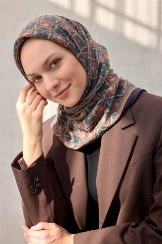 Viskon Velora Eşarp Yonca Desenli Petrol Yeşili Tok Duruşlu 90X90 - Velora Eşarp - | Silk Home