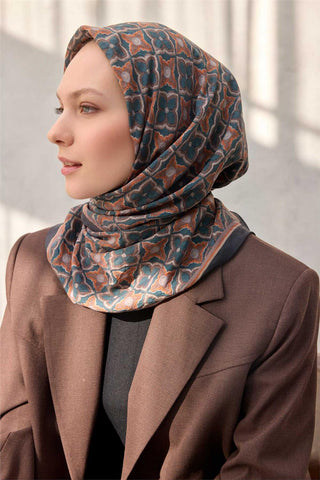 Viskon Velora Eşarp Yonca Desenli Petrol Yeşili Tok Duruşlu 90X90 - Velora Eşarp - | Silk Home