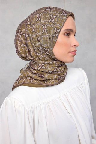 Viskon Velora Eşarp Yonca Desenli Zeytin Yeşili Tok Duruşlu 90X90 - Velora Eşarp - | Silk Home