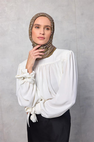 Viskon Velora Eşarp Yonca Desenli Zeytin Yeşili Tok Duruşlu 90X90 - Velora Eşarp - | Silk Home