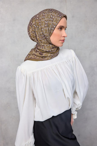 Viskon Velora Eşarp Yonca Desenli Zeytin Yeşili Tok Duruşlu 90X90 - Velora Eşarp - | Silk Home