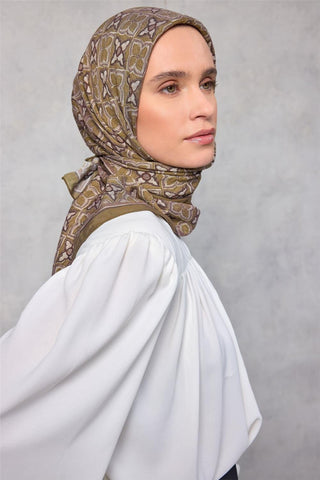 Viskon Velora Eşarp Yonca Desenli Zeytin Yeşili Tok Duruşlu 90X90 - Velora Eşarp - | Silk Home