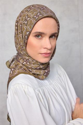 Viskon Velora Eşarp Yonca Desenli Zeytin Yeşili Tok Duruşlu 90X90 - Velora Eşarp - | Silk Home