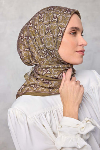 Viskon Velora Eşarp Yonca Desenli Zeytin Yeşili Tok Duruşlu 90X90 - Velora Eşarp - | Silk Home