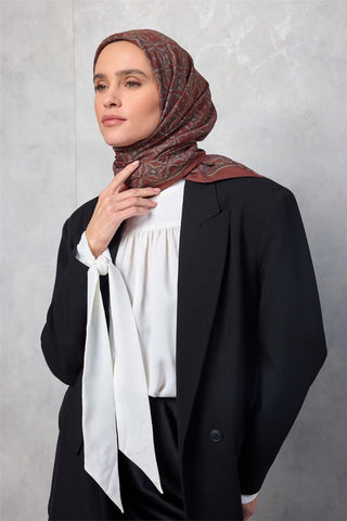 Viskon Velora Eşarp Yonca Desenli Kiremit Tonlu Tok Duruşlu 90X90 - Velora Eşarp - | Silk Home