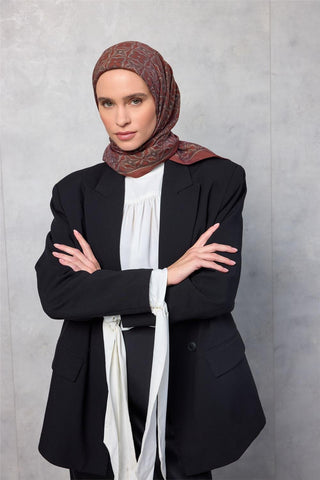 Viskon Velora Eşarp Yonca Desenli Kiremit Tonlu Tok Duruşlu 90X90 - Velora Eşarp - | Silk Home