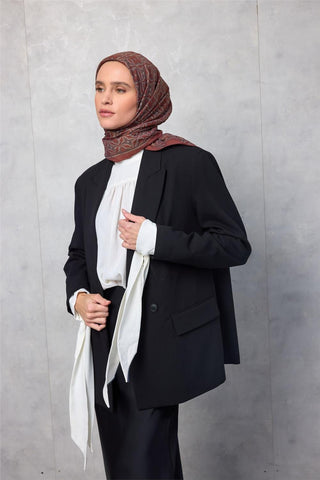 Viskon Velora Eşarp Yonca Desenli Kiremit Tonlu Tok Duruşlu 90X90 - Velora Eşarp - | Silk Home