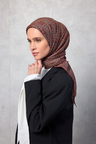 Viskon Velora Eşarp Yonca Desenli Kiremit Tonlu Tok Duruşlu 90X90 - Velora Eşarp - | Silk Home