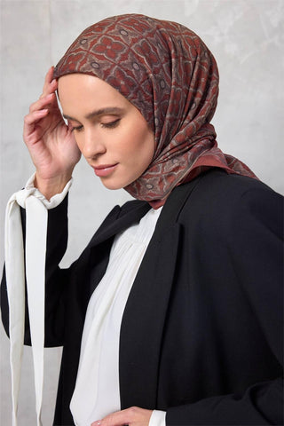 Viskon Velora Eşarp Yonca Desenli Kiremit Tonlu Tok Duruşlu 90X90 - Velora Eşarp - | Silk Home